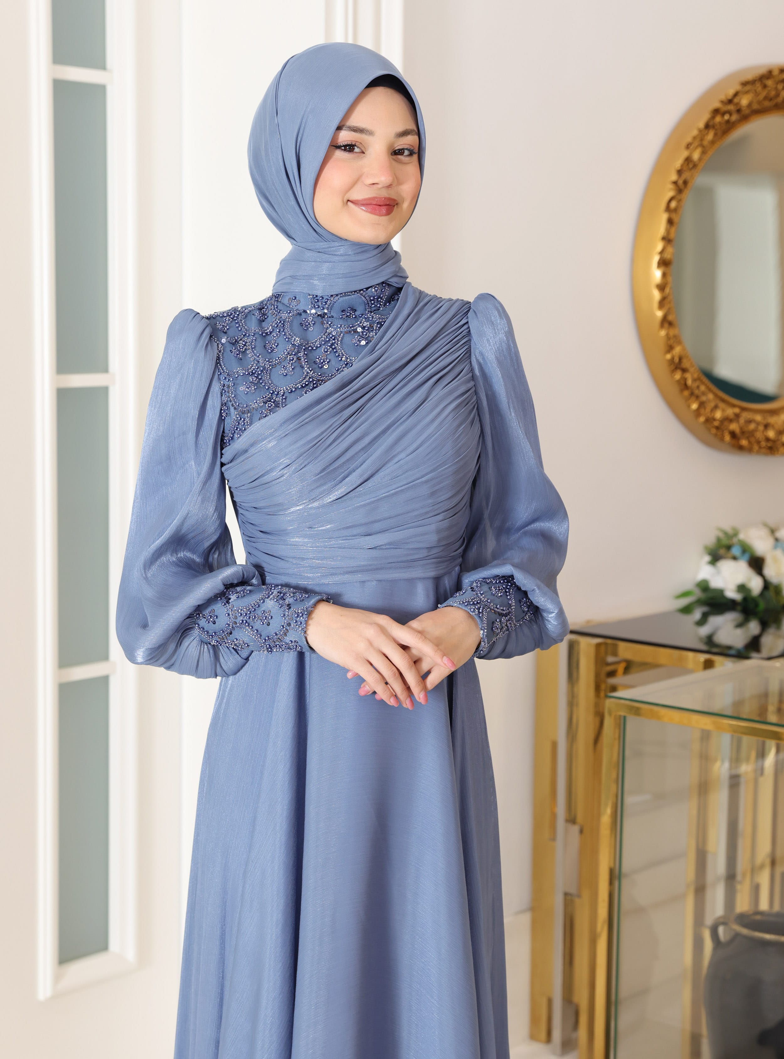 Yağmur Tesettür Abiye Elbise - Buz mavisi - Azra Design - Resim 3