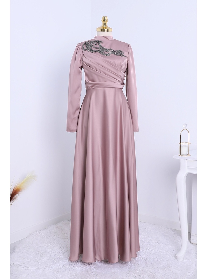 Yakası Taşlı Önü Drapeli  Abiye -Pembe - Resim 2