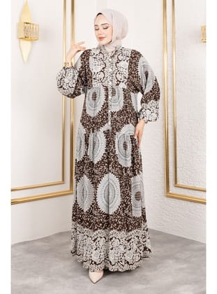 Varak Desenli Viskon Elbise TSD250191 Kahverengi