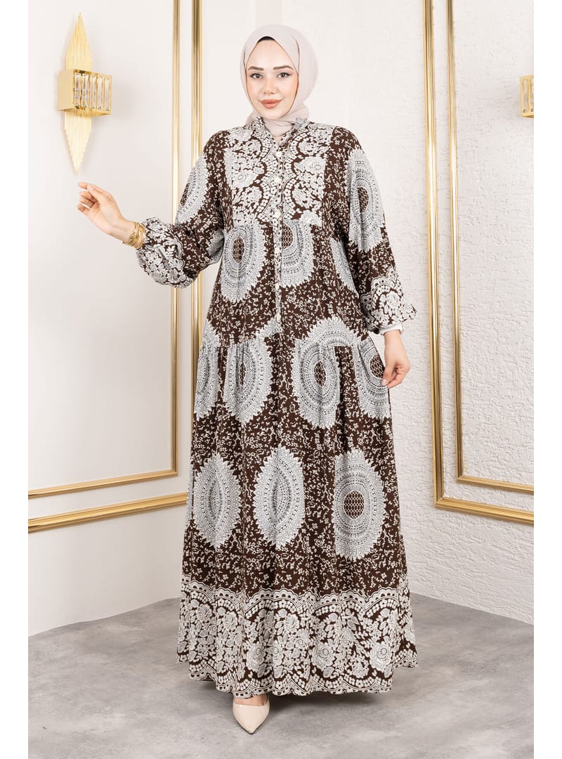 Varak Desenli Viskon Elbise TSD250191 Kahverengi - Resim 3