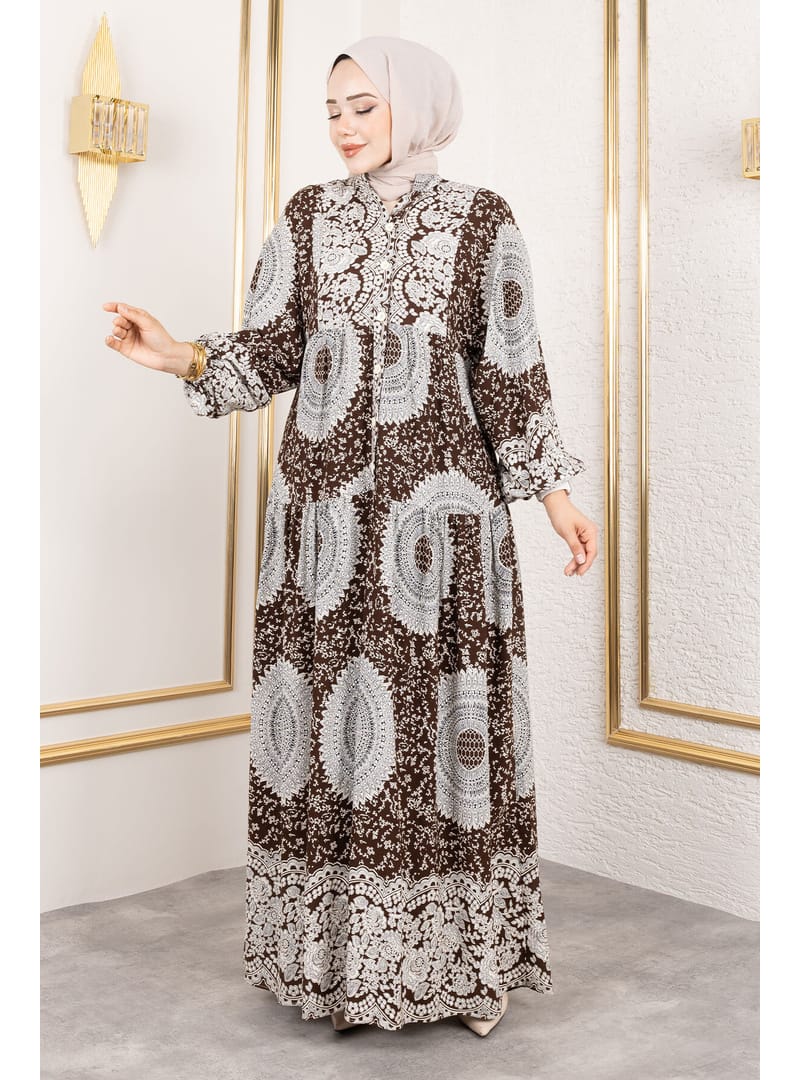 Varak Desenli Viskon Elbise TSD250191 Kahverengi - Resim 4