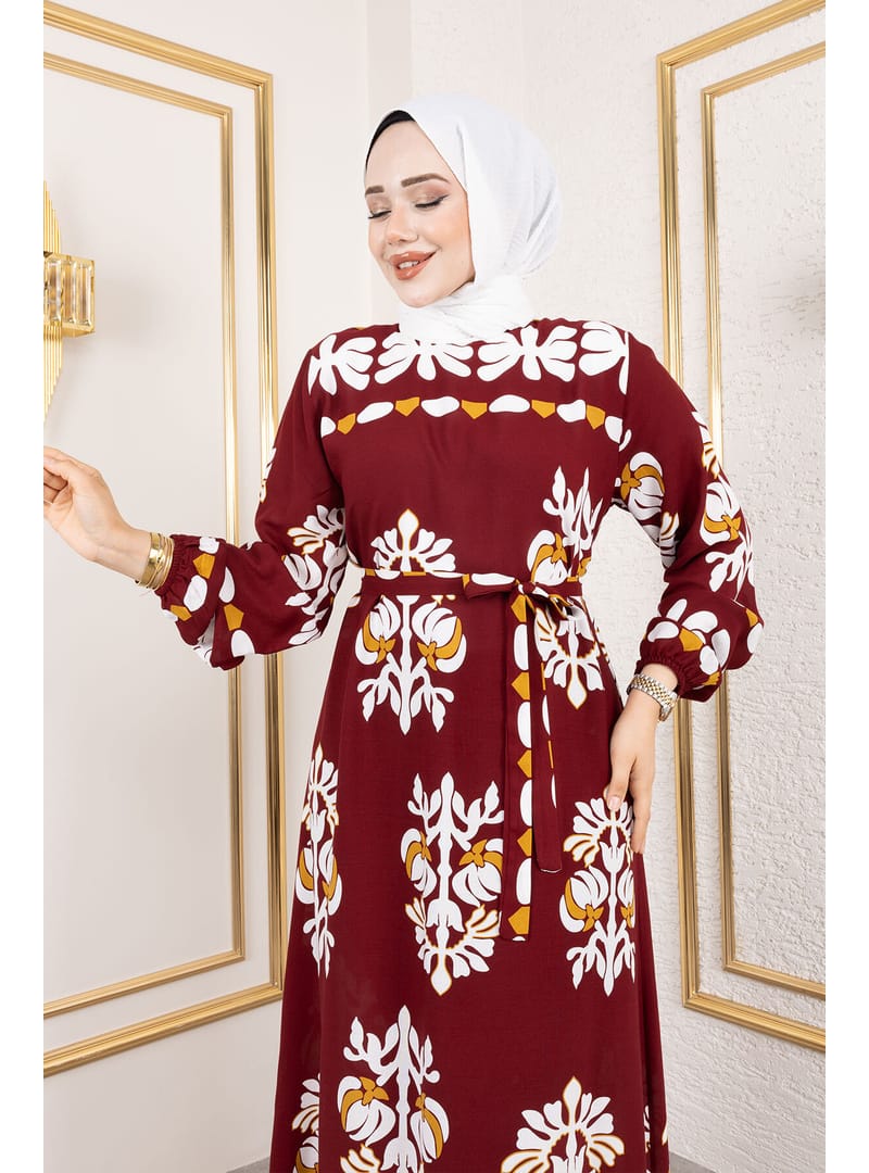Şekilli Etnik Desenli Viskon Elbise TSD250193 Bordo - Resim 2