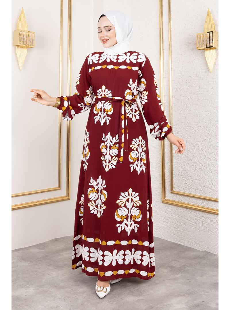 Şekilli Etnik Desenli Viskon Elbise TSD250193 Bordo - Resim 3