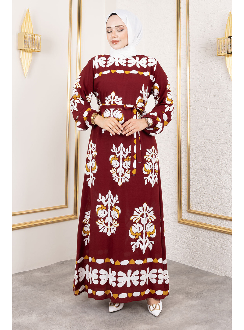 Şekilli Etnik Desenli Viskon Elbise TSD250193 Bordo - Resim 4
