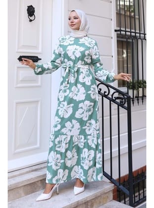 Çiçek Desenli Tesettür Elbise Mint Yeşili 4907