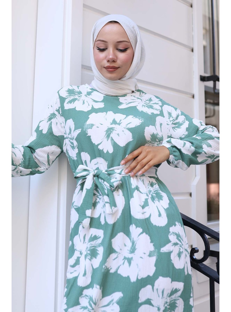 Çiçek Desenli Tesettür Elbise Mint Yeşili 4907 - Resim 2