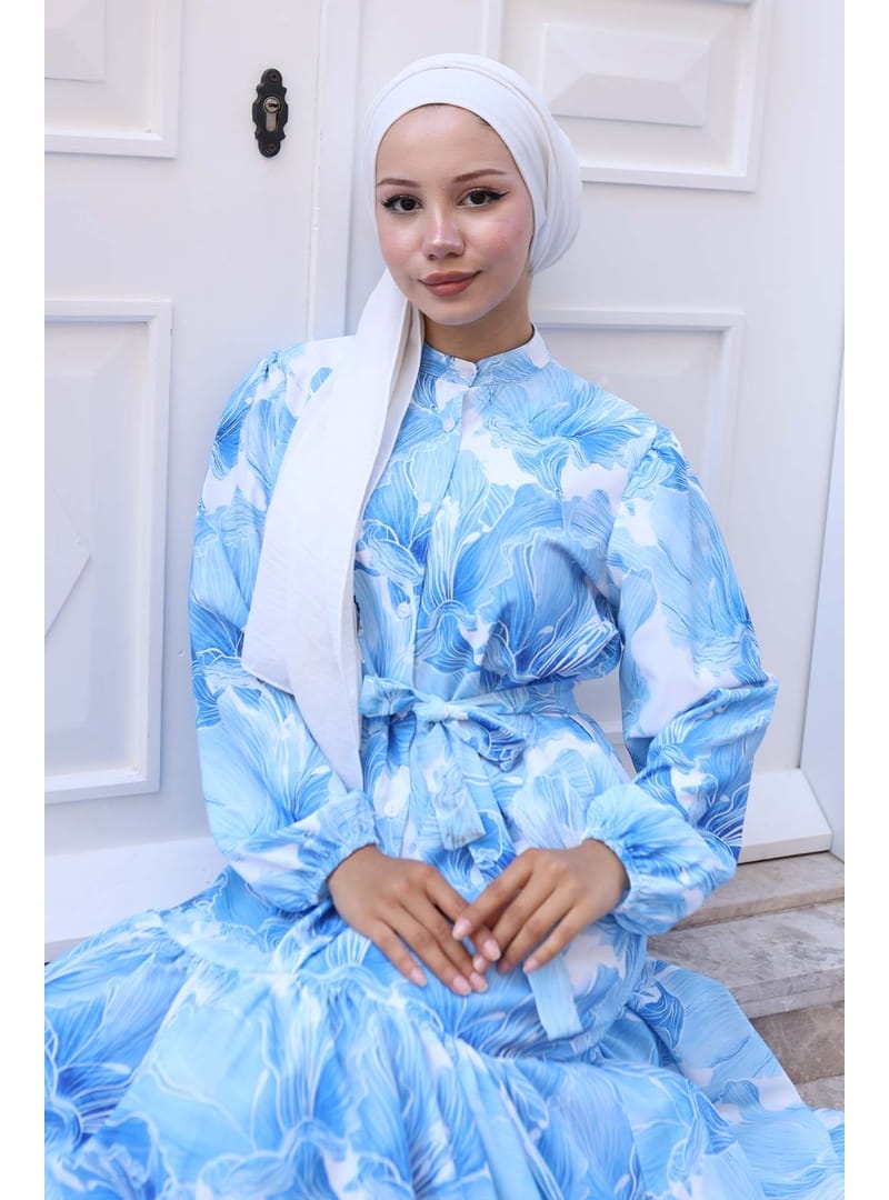 Desenli Tesettür Elbise Mavi 570 - Resim 2
