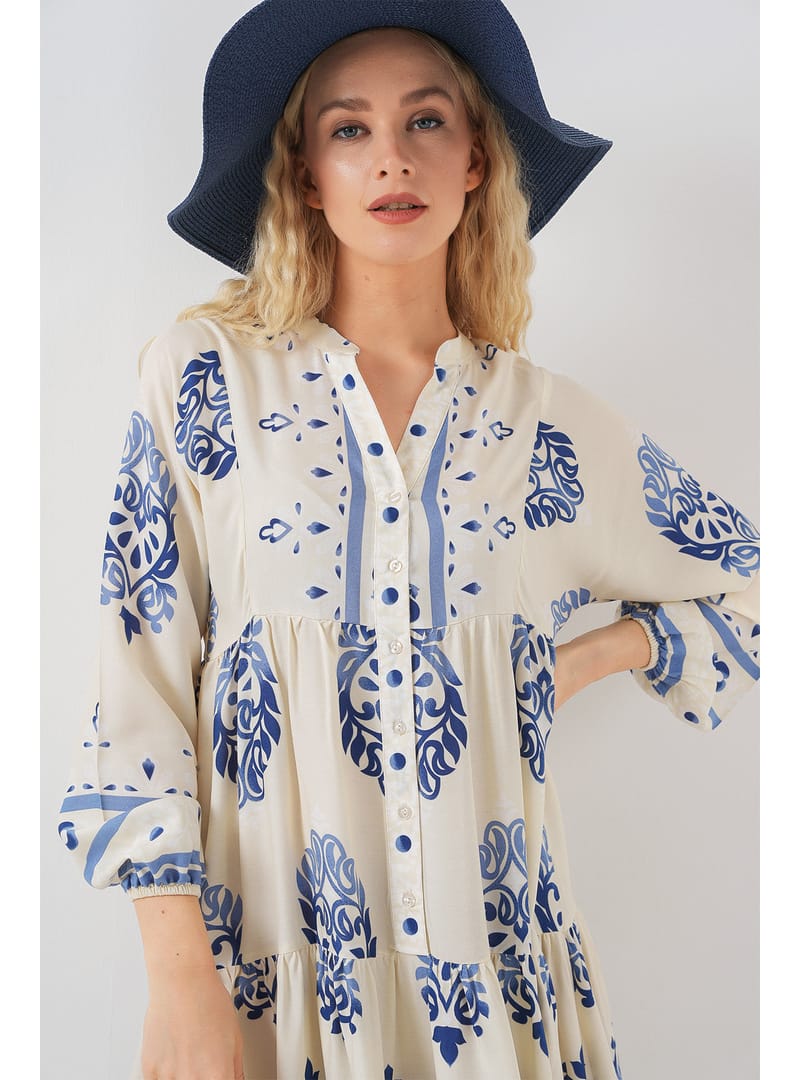 Kadın Desenli Uzun Tesettür Elbise 2585 - Krem KREM - Resim 4