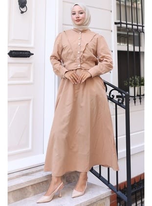 Düğmeli Ceketli Cepli Beli Bağlamalı Jile Elbise Camel HM2785