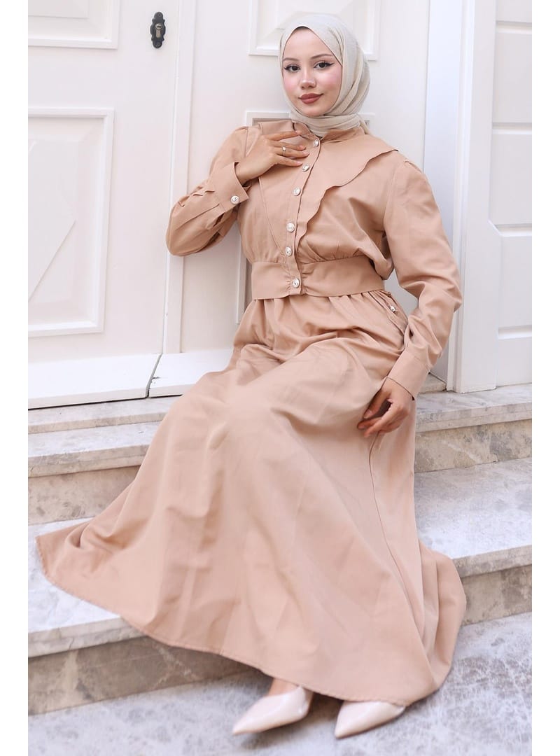 Düğmeli Ceketli Cepli Beli Bağlamalı Jile Elbise Camel HM2785 - Resim 2