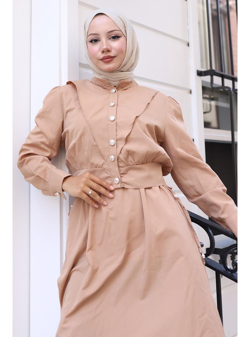 Düğmeli Ceketli Cepli Beli Bağlamalı Jile Elbise Camel HM2785 - Resim 3