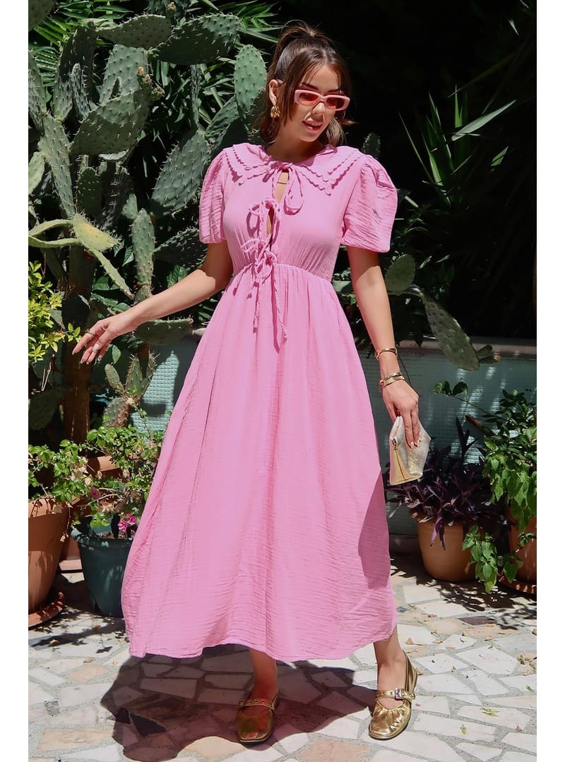 Bağcık Detaylı Beli Büzgülü Müslin Elbise PEMBE 9362-E - Resim 2