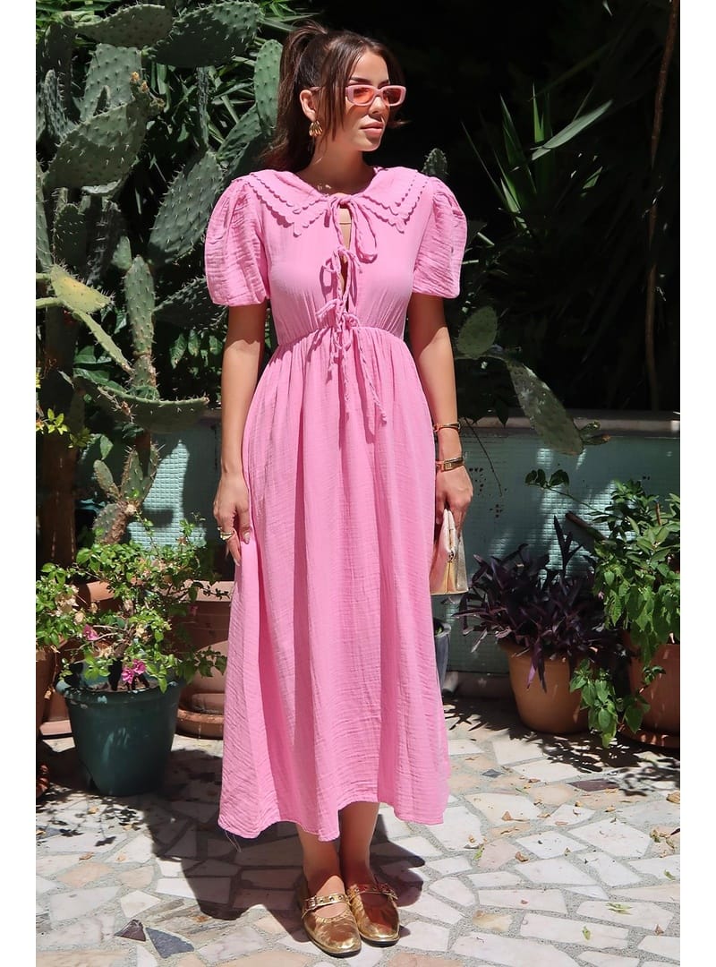 Bağcık Detaylı Beli Büzgülü Müslin Elbise PEMBE 9362-E - Resim 3