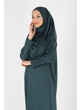 2133_Tek Parça Kaymaz Başörtülü Namaz Tesettür Elbisesi Boneye Son