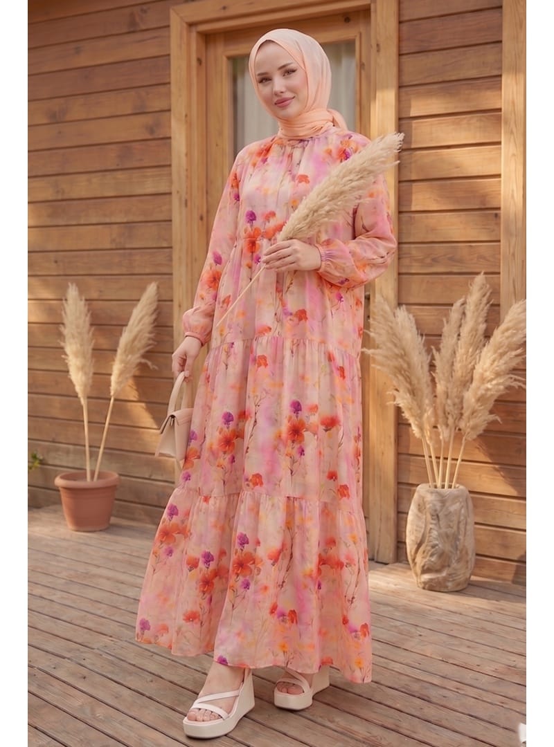 Çiçek Desenli Yarasa Kol Tesettür Elbise 1570 - Pembe - Resim 2