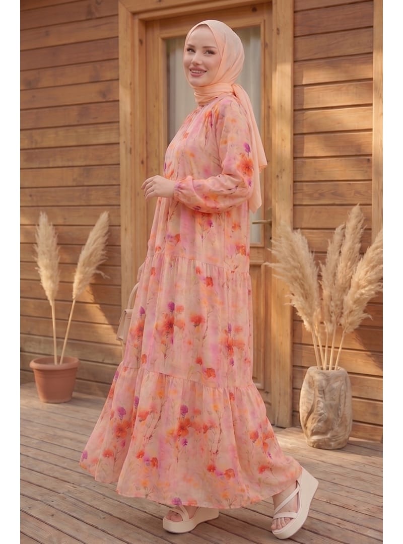 Çiçek Desenli Yarasa Kol Tesettür Elbise 1570 - Pembe - Resim 4