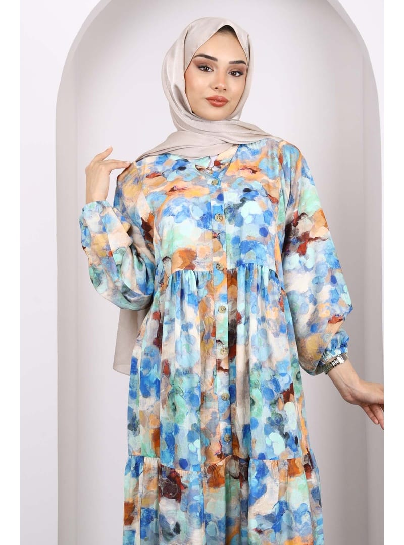 Saks Mavi Yarım Düğmeli Eteği Katlı Desenli Elbise - Resim 3