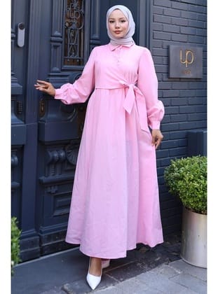 Yandan Bağlamalı Tesettür Elbise Pembe HM2753