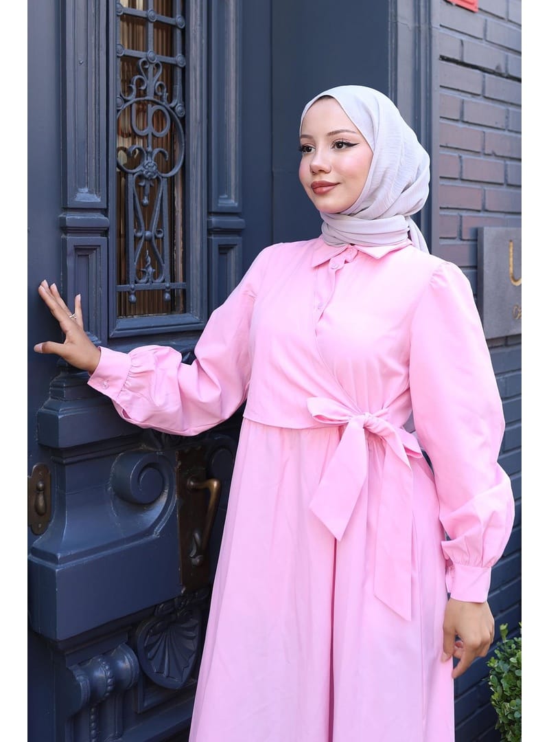 Yandan Bağlamalı Tesettür Elbise Pembe HM2753 - Resim 2