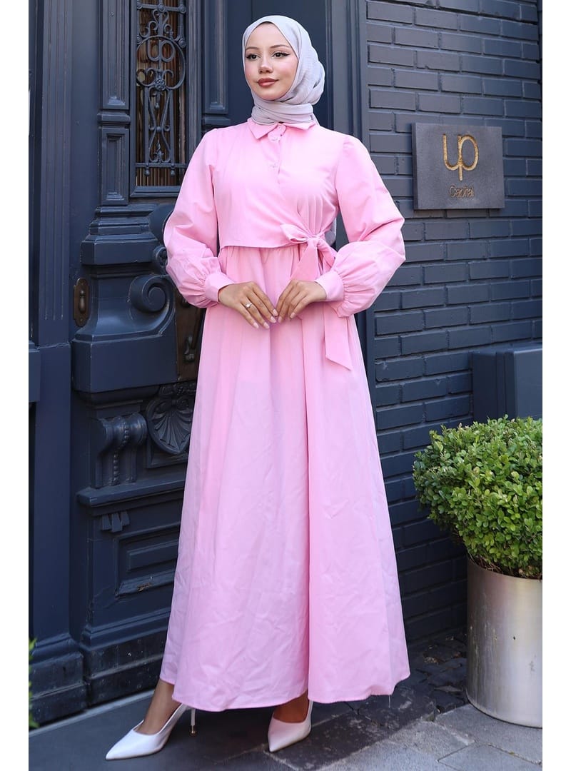 Yandan Bağlamalı Tesettür Elbise Pembe HM2753 - Resim 3