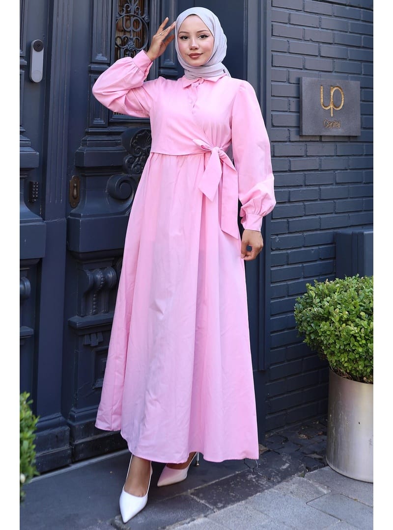 Yandan Bağlamalı Tesettür Elbise Pembe HM2753 - Resim 4