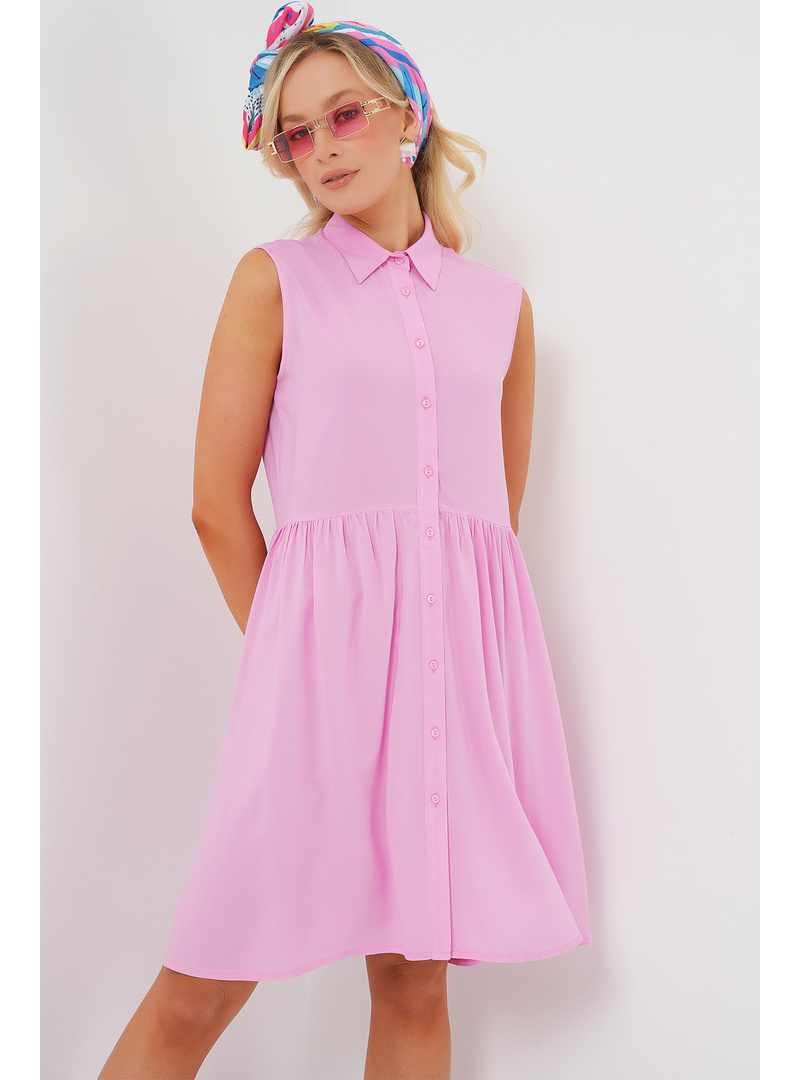 Kadın Sıfır Kol Midi Elbise 2563 - Pembe PEMBE - Resim 4