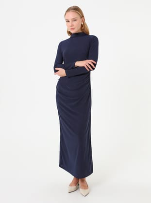 Drape Detaylı Sandy Kumaşlı Elbise - Lacivert - Refka