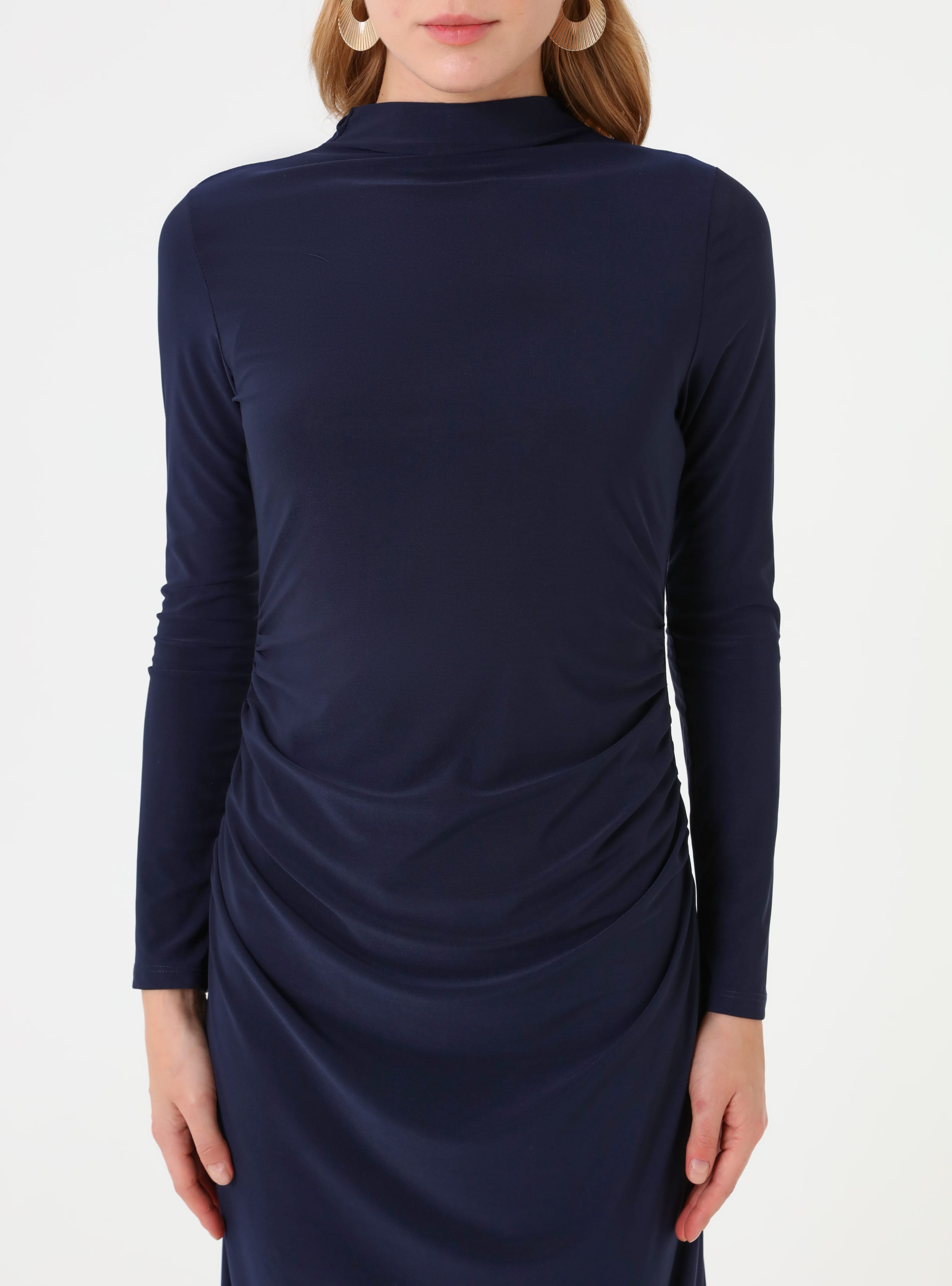 Drape Detaylı Sandy Kumaşlı Elbise - Lacivert - Refka - Resim 3