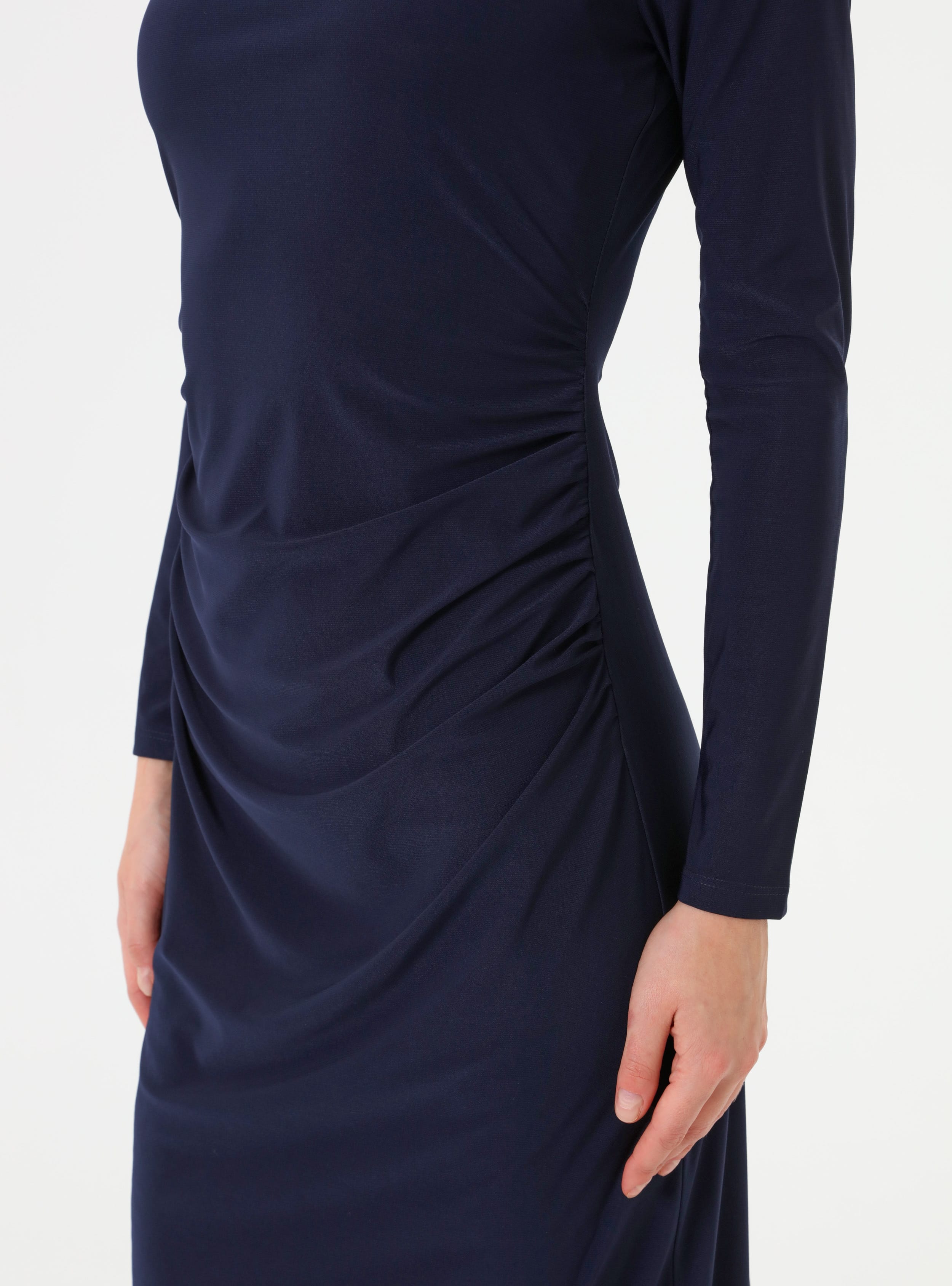 Drape Detaylı Sandy Kumaşlı Elbise - Lacivert - Refka - Resim 4