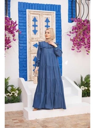 6584-Denim Büzgülü Elbise Koyu Mavi