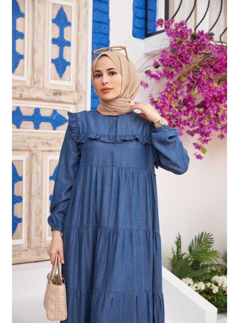 6584-Denim Büzgülü Elbise Koyu Mavi - Resim 2