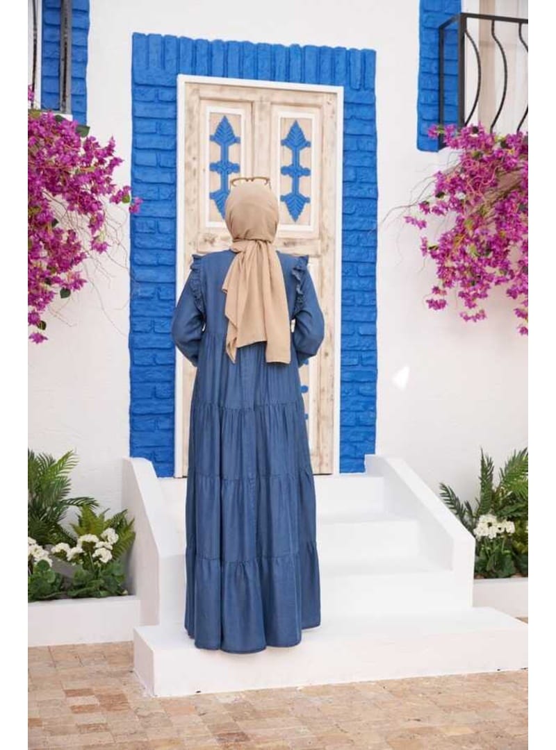 6584-Denim Büzgülü Elbise Koyu Mavi - Resim 3
