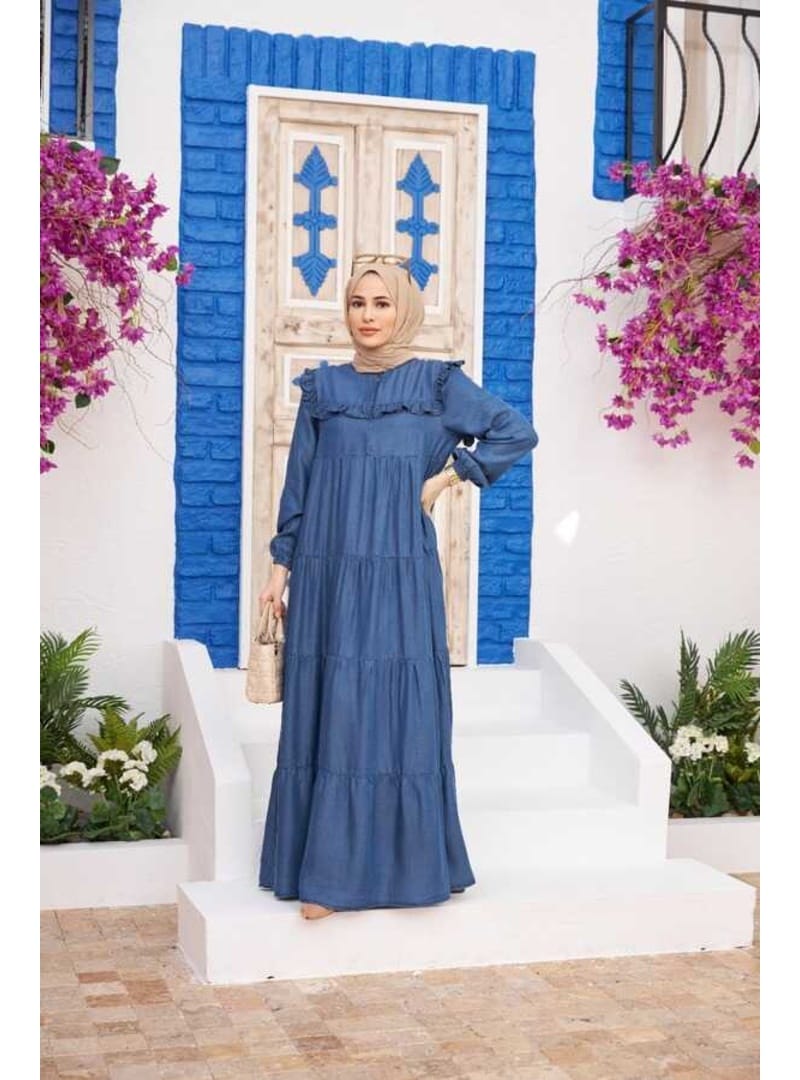6584-Denim Büzgülü Elbise Koyu Mavi - Resim 4