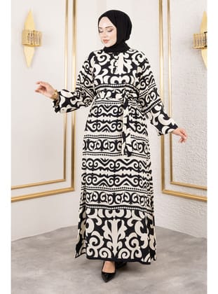 Asel Desenli Viskon Elbise TSD250205 Siyah