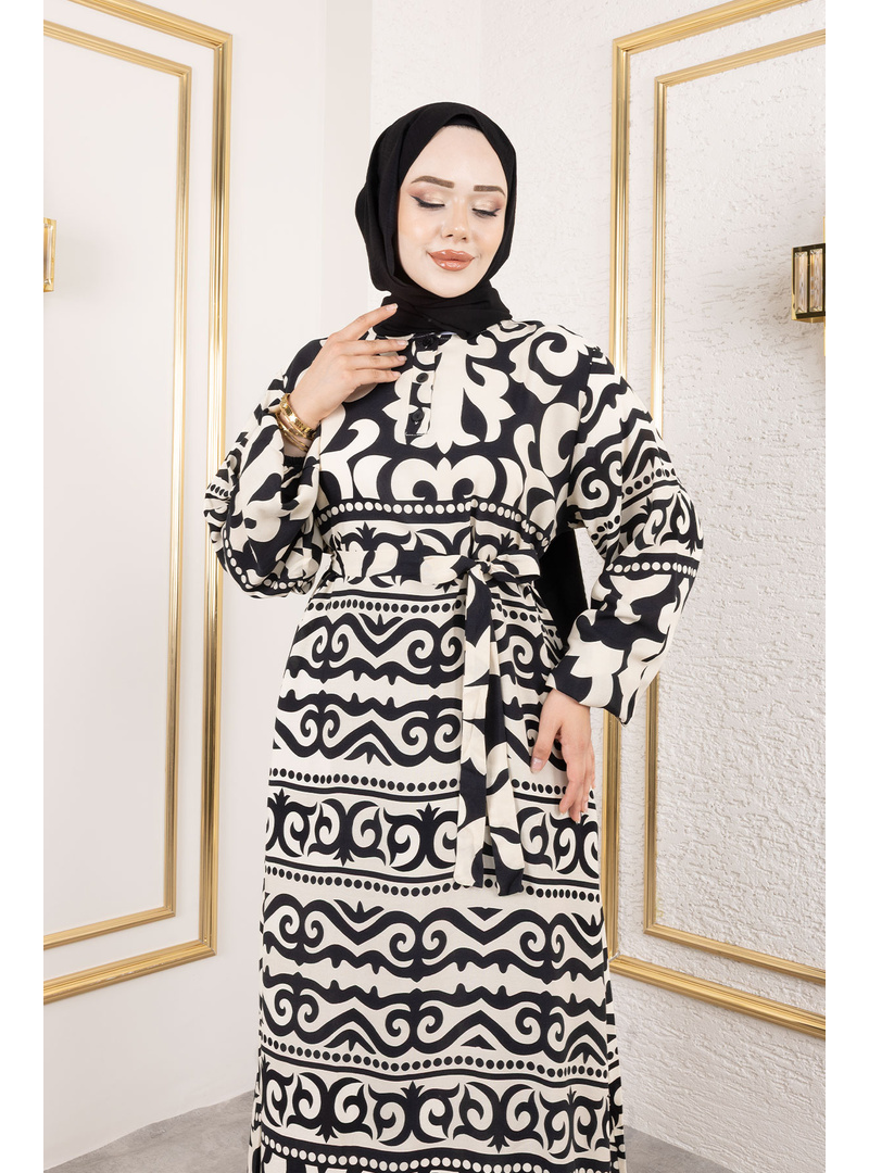 Asel Desenli Viskon Elbise TSD250205 Siyah - Resim 2