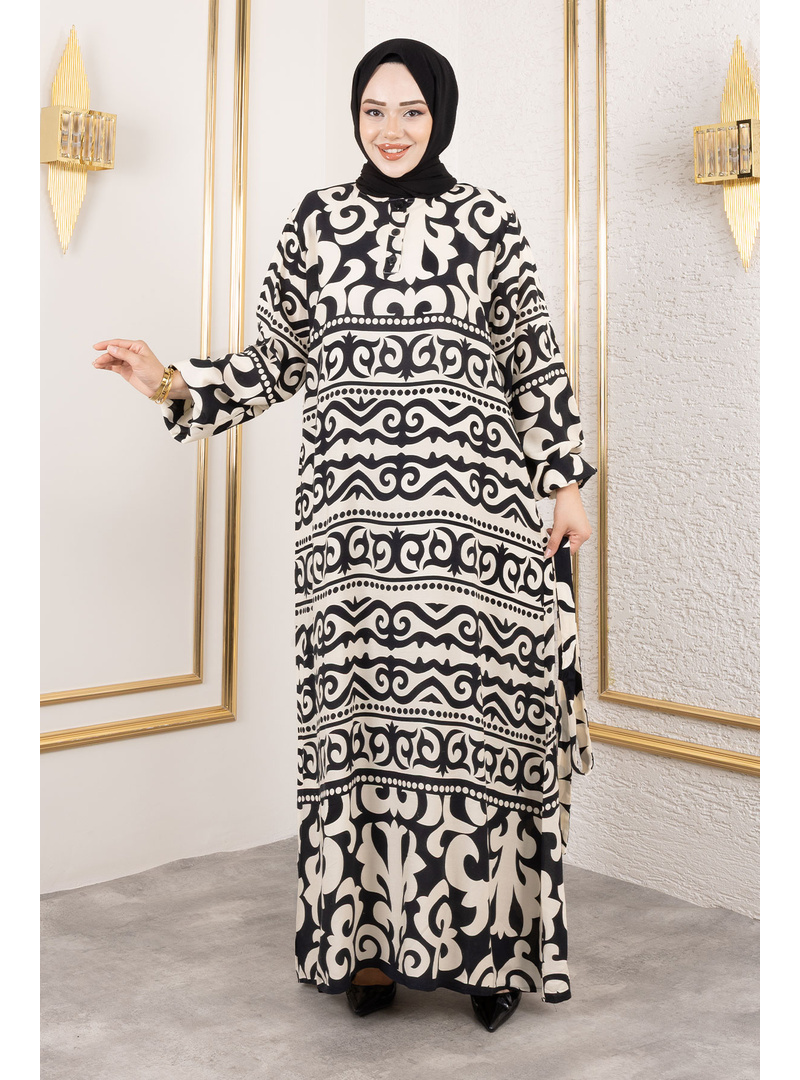 Asel Desenli Viskon Elbise TSD250205 Siyah - Resim 3