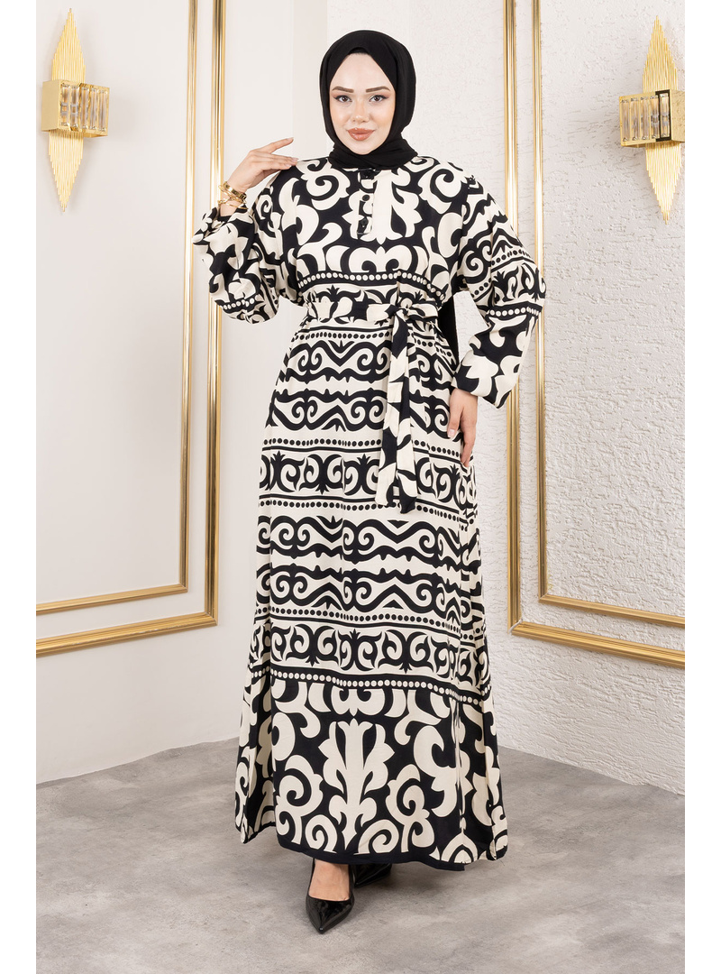 Asel Desenli Viskon Elbise TSD250205 Siyah - Resim 4