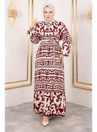 Asel Desenli Viskon Elbise TSD250205 Bordo