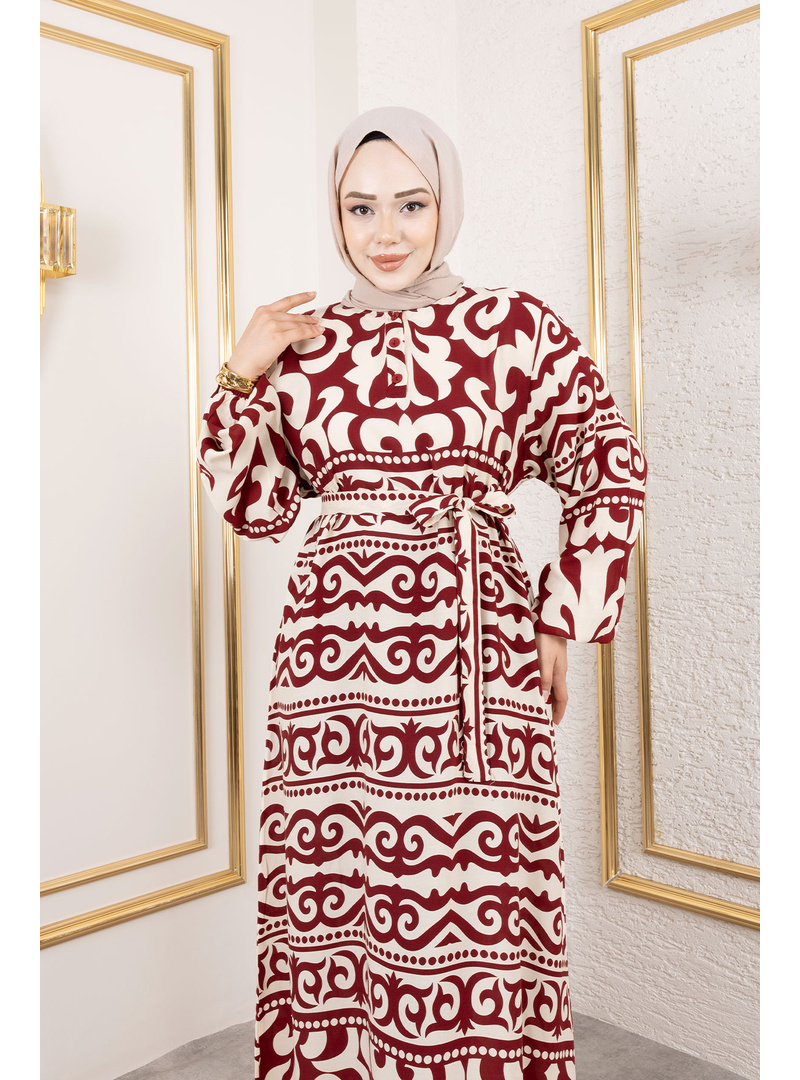 Asel Desenli Viskon Elbise TSD250205 Bordo - Resim 2