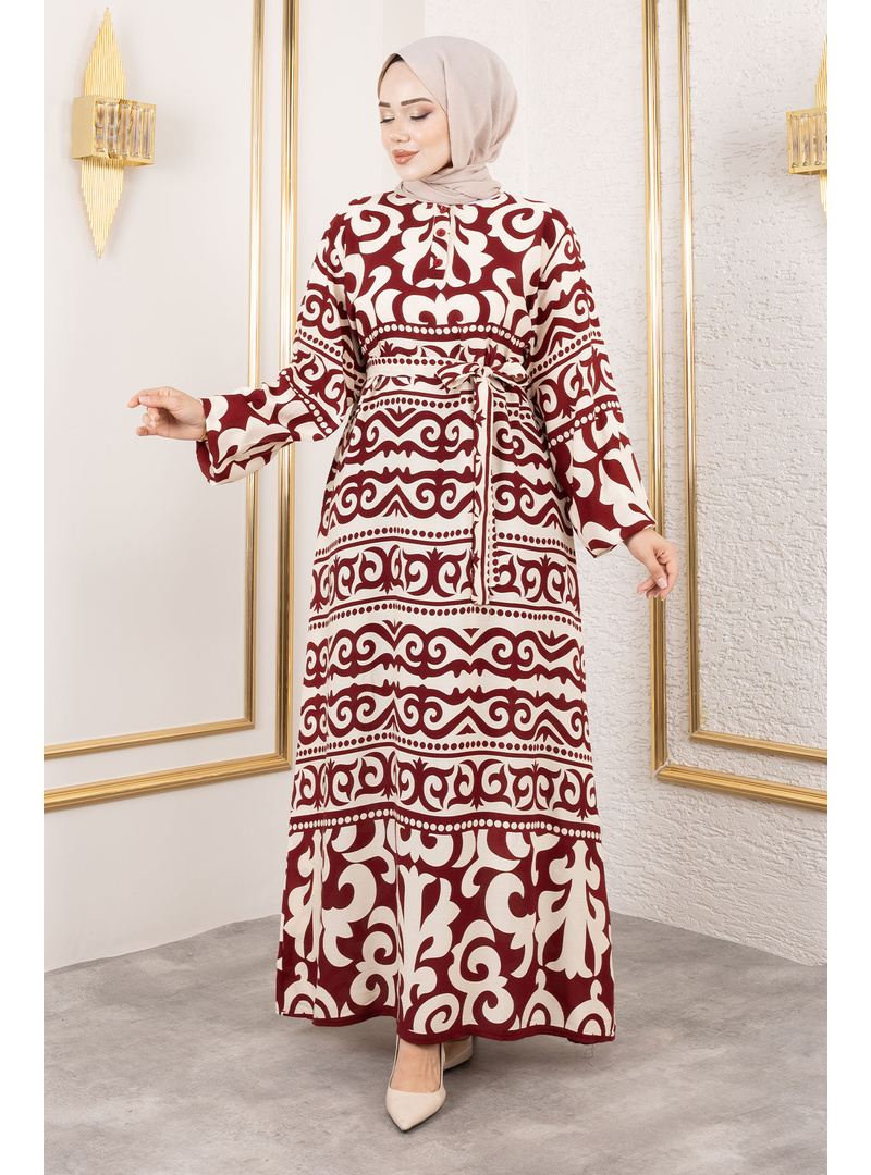 Asel Desenli Viskon Elbise TSD250205 Bordo - Resim 4