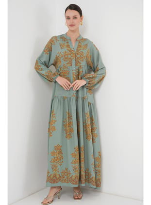 Mint Gold Desenli Tesettür Elbise 2423 E. Mavi