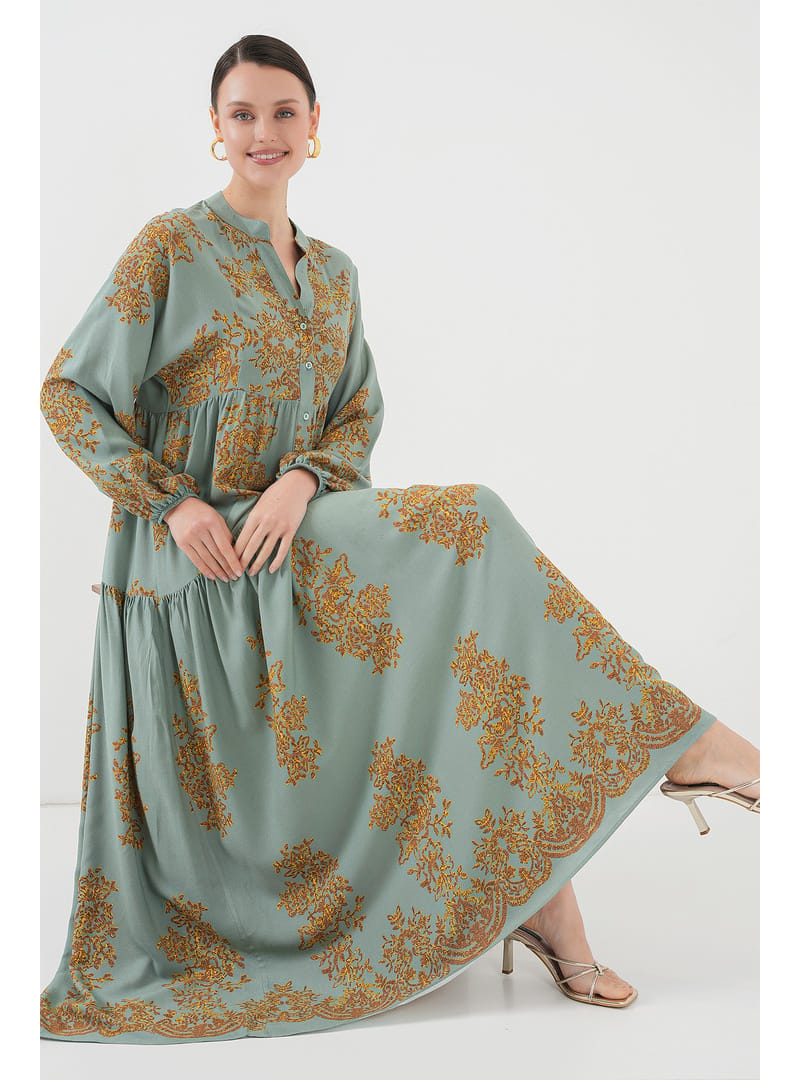 Mint Gold Desenli Tesettür Elbise 2423 E. Mavi - Resim 2