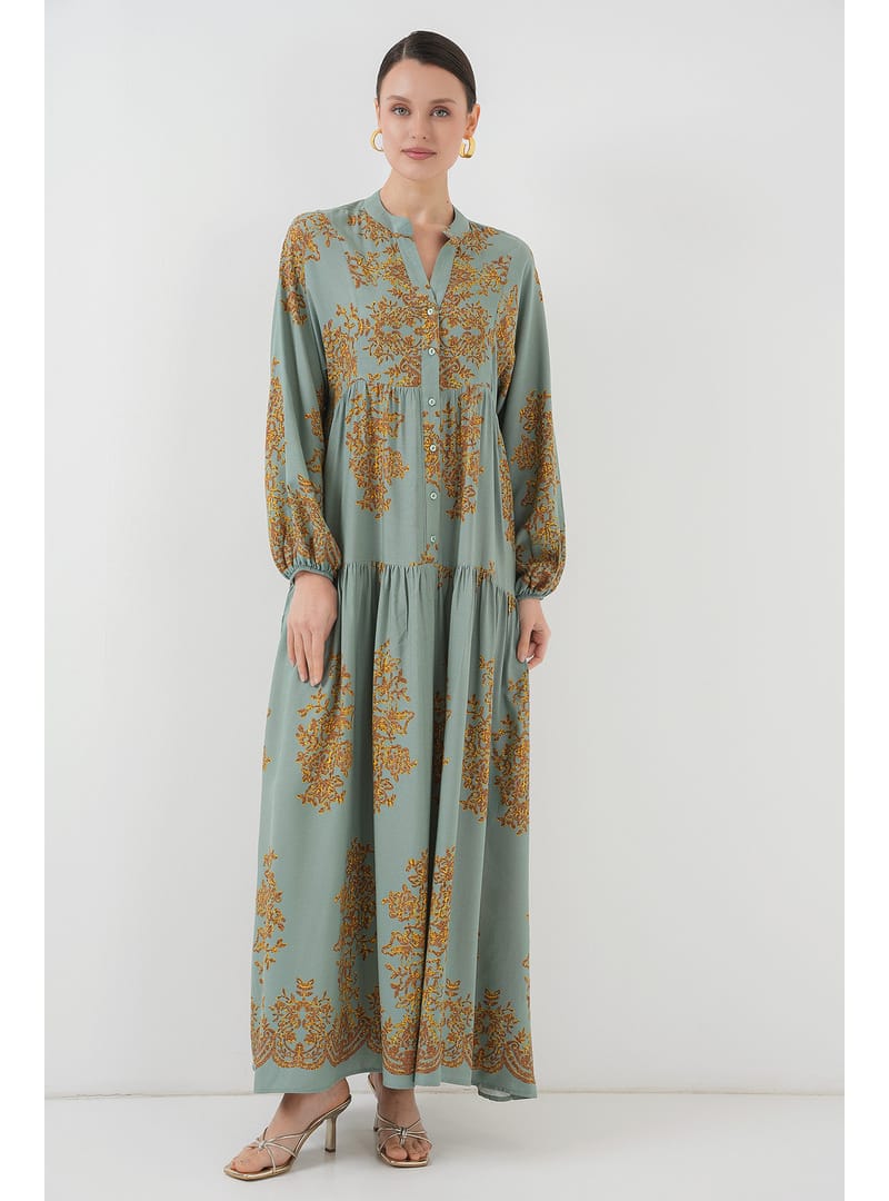 Mint Gold Desenli Tesettür Elbise 2423 E. Mavi - Resim 3