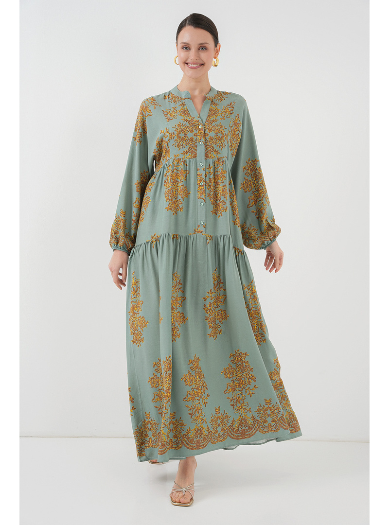 Mint Gold Desenli Tesettür Elbise 2423 E. Mavi - Resim 4