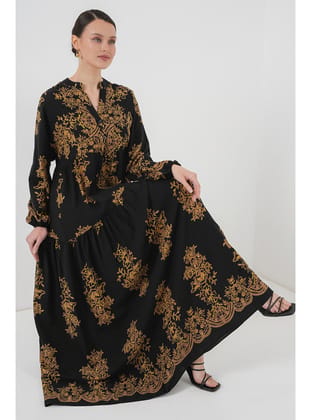 Siyah Gold Desenli Tesettür Elbise 2423 C. Siyah