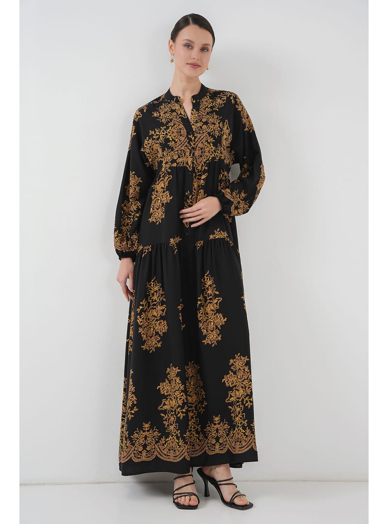 Siyah Gold Desenli Tesettür Elbise 2423 C. Siyah - Resim 2
