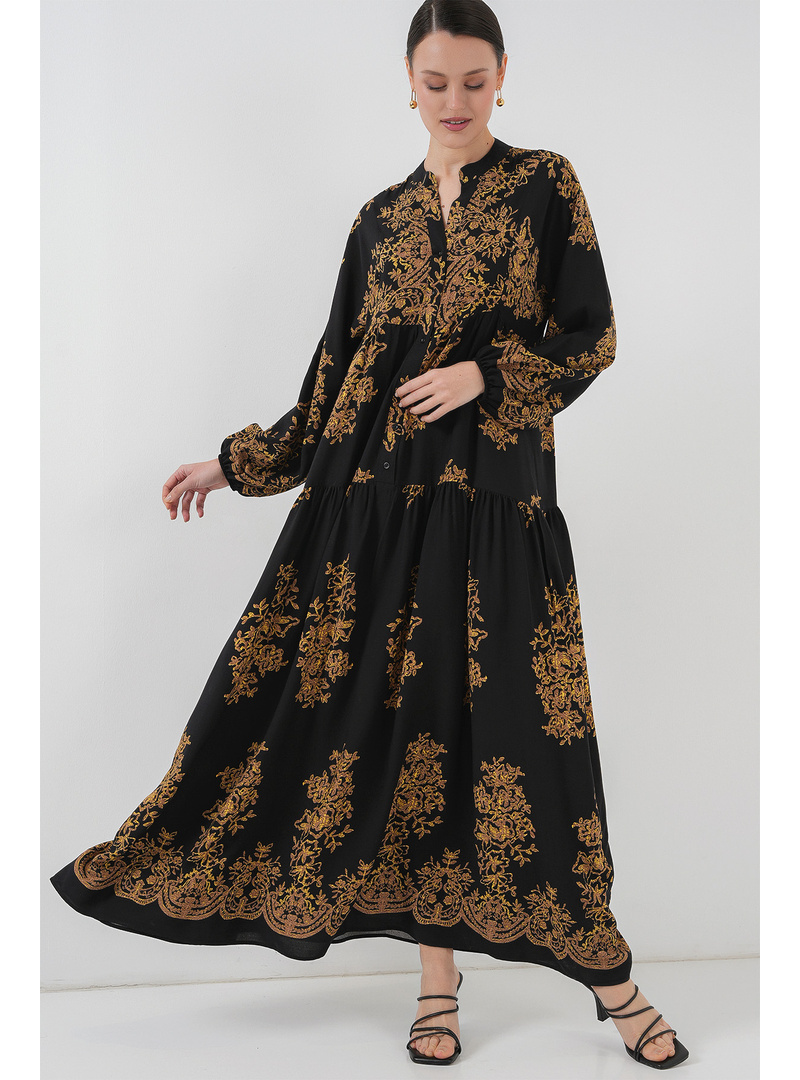 Siyah Gold Desenli Tesettür Elbise 2423 C. Siyah - Resim 3