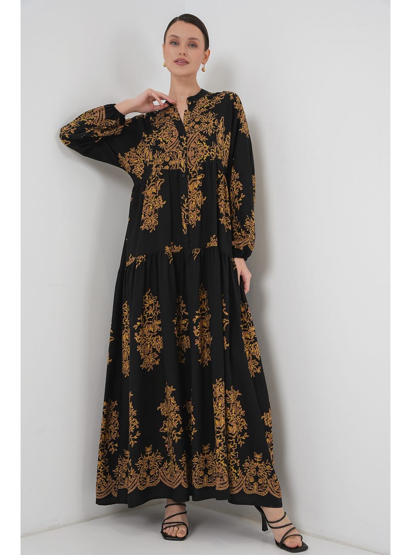 Siyah Gold Desenli Tesettür Elbise 2423 C. Siyah - Resim 4