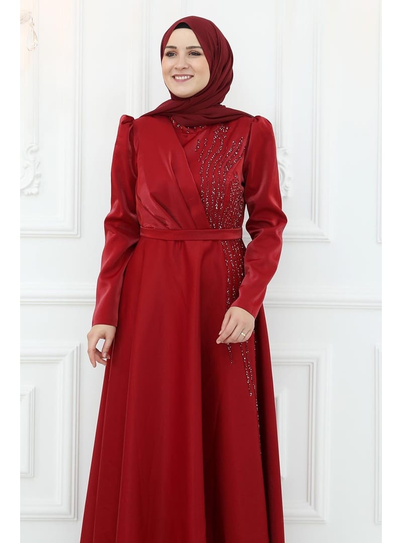 Amine Hüma Armağan Saten Abiye Bordo - Resim 2