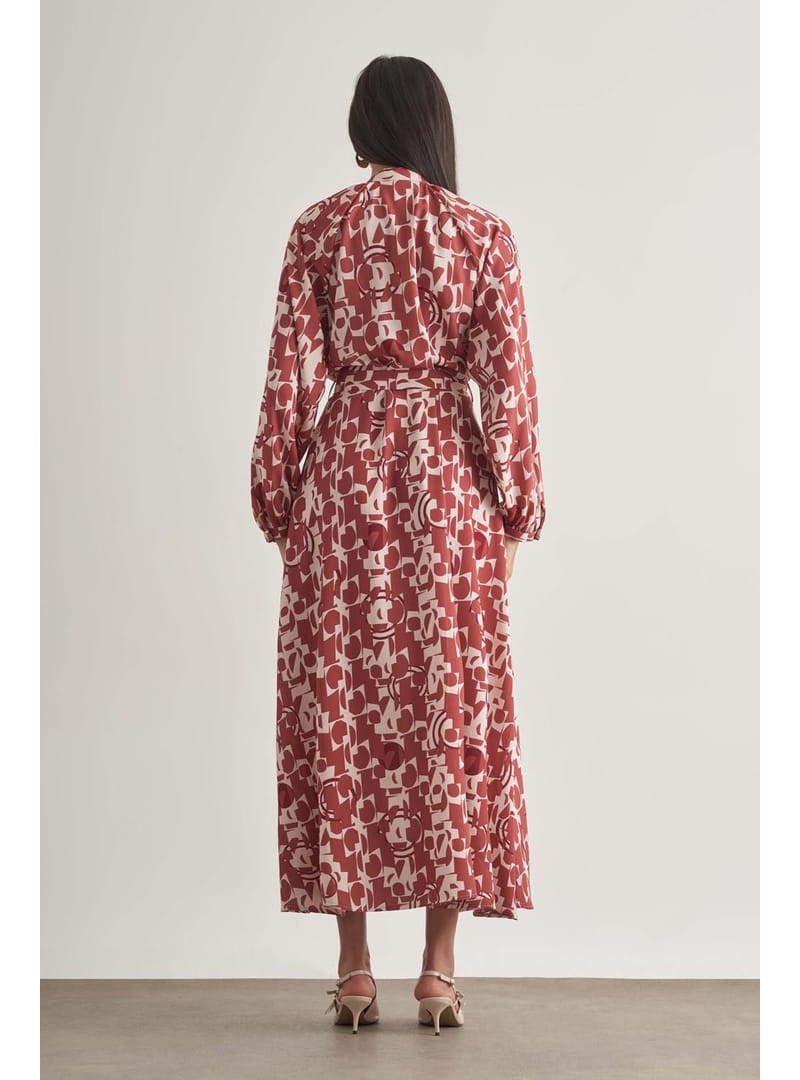 Keten Dokulu Naturel Desenli Uzun Yazlık Elbise - Resim 4